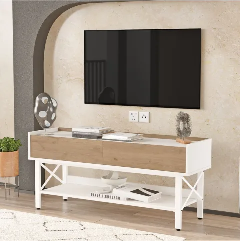 Jurina Meuble TV Blanc Pieds métal 140cm Sepet-Blanc JUR1-SW