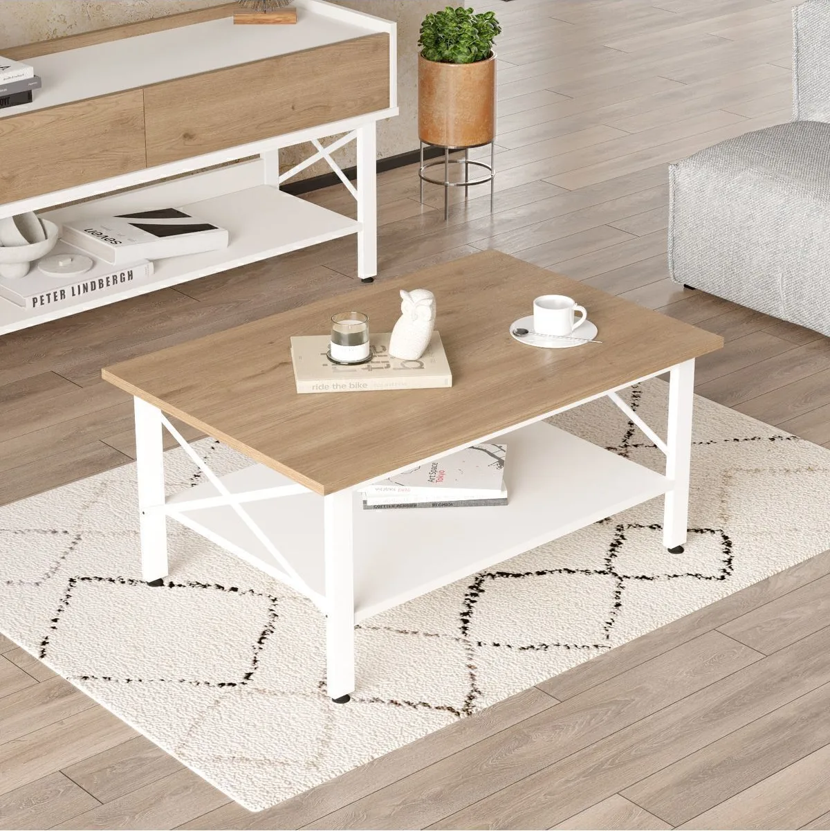 Jurina Table basse avec étagères Blanc Pieds métal Sepet-Blanc JUR2-SW