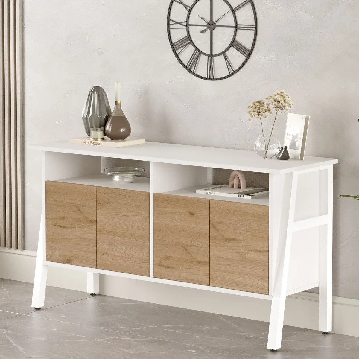 Jurina Console 4 portes 140cm Blanc Pieds métal Sepet-Blanc JUR3-SW