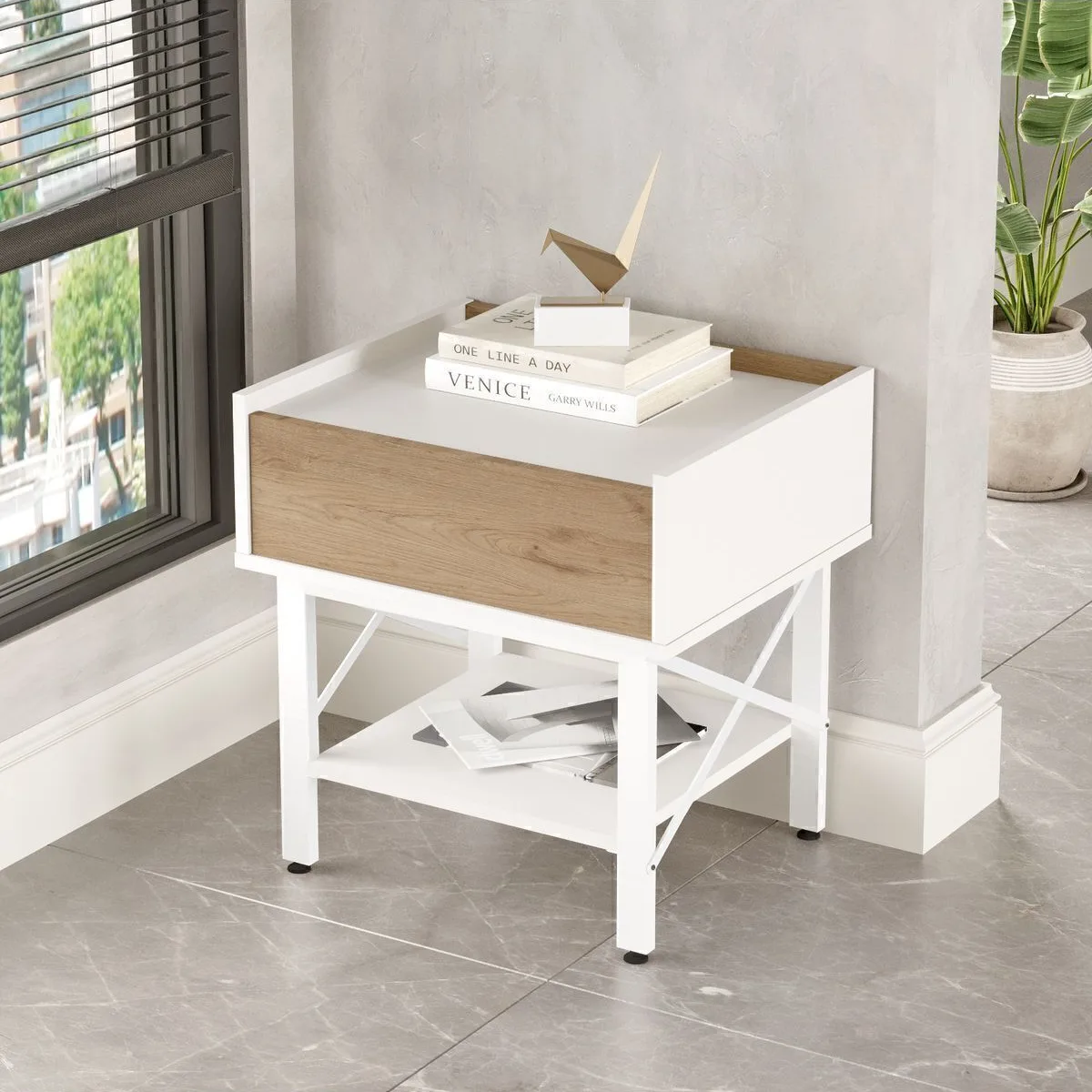 Jurina Table de chevet de bureau avec tiroirs et pieds en métal Blanc Sepet-Blanc JUR7-SW