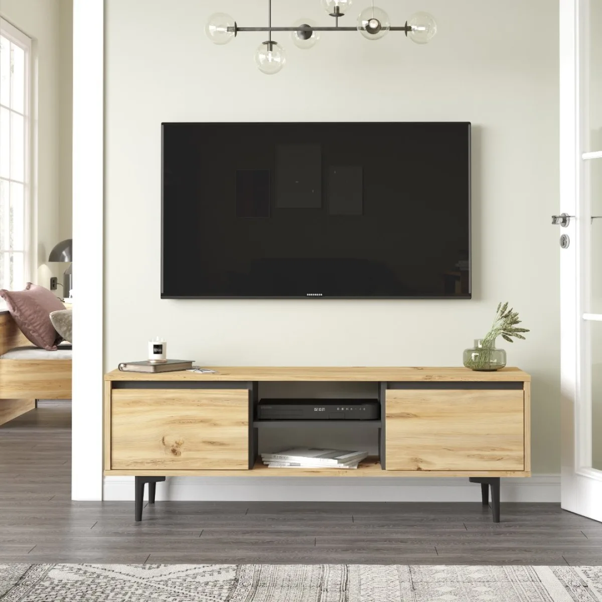 Oliver Meuble TV avec portes 140cm Feutre-Anthracite OLI1-KA