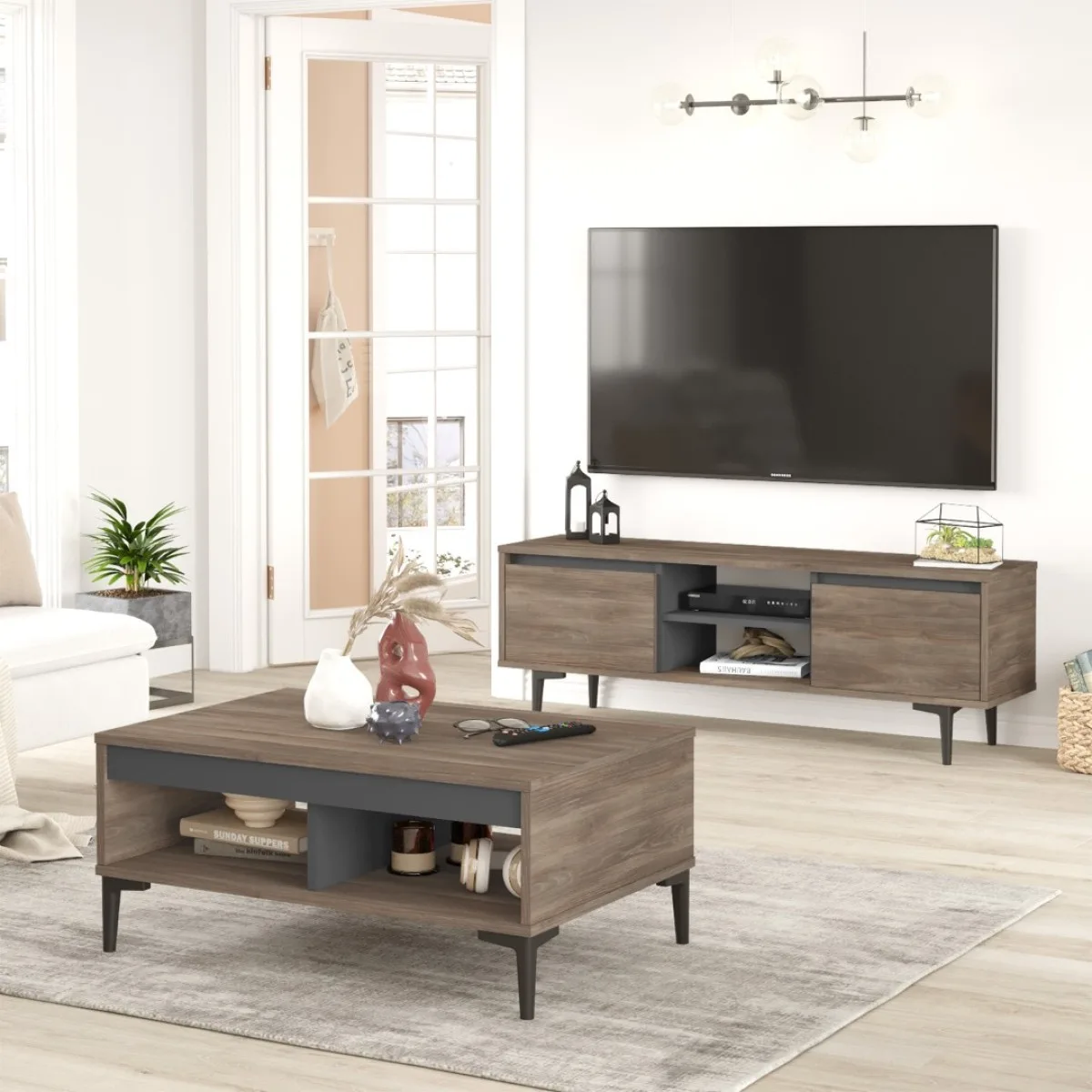 Oliver Ensemble 2 pièces Meuble TV et Table basse Café-Anthracite OLI12-CA