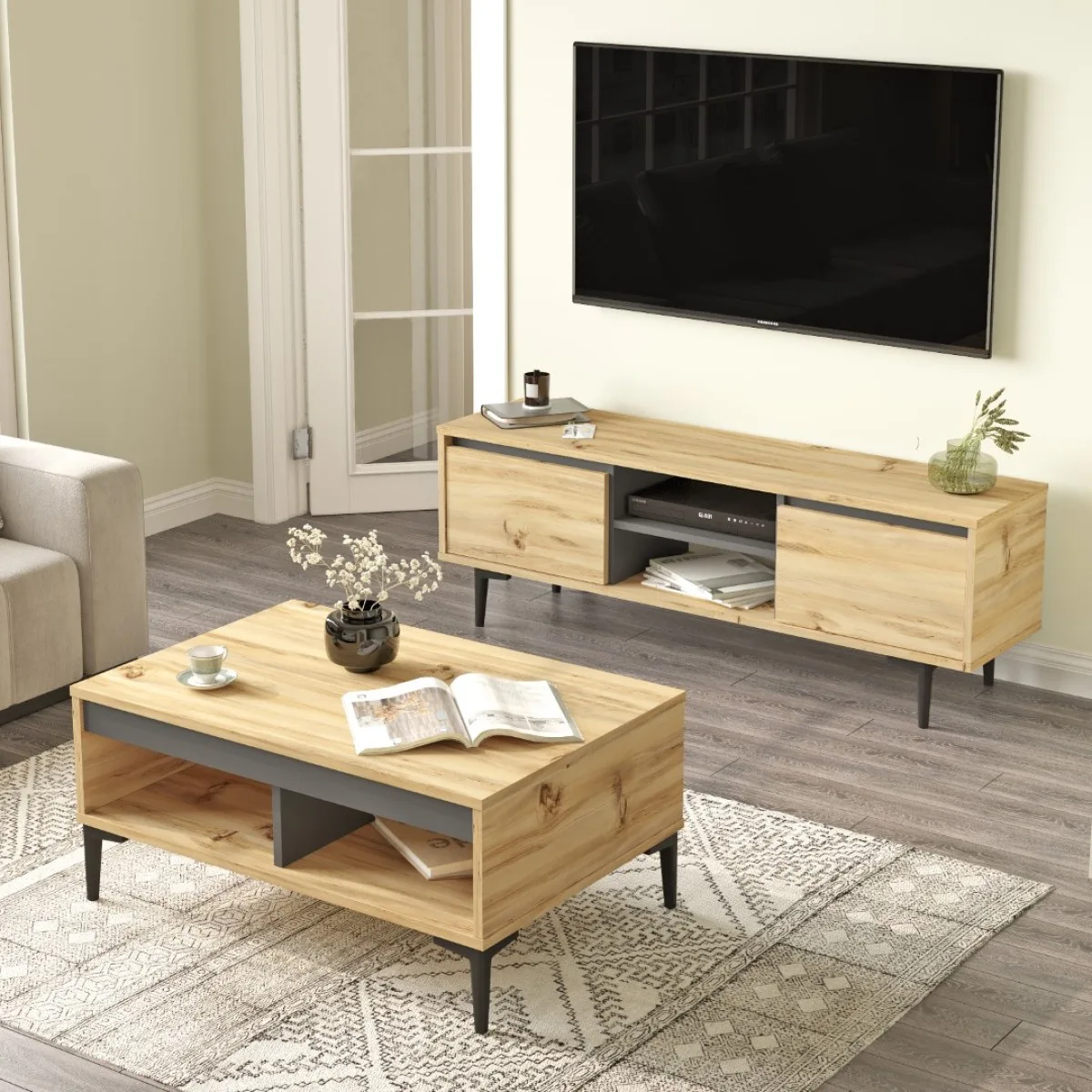 Oliver Ensemble 2 pièces Meuble TV et Table basse Feutre-Anthracite OLI12-KA