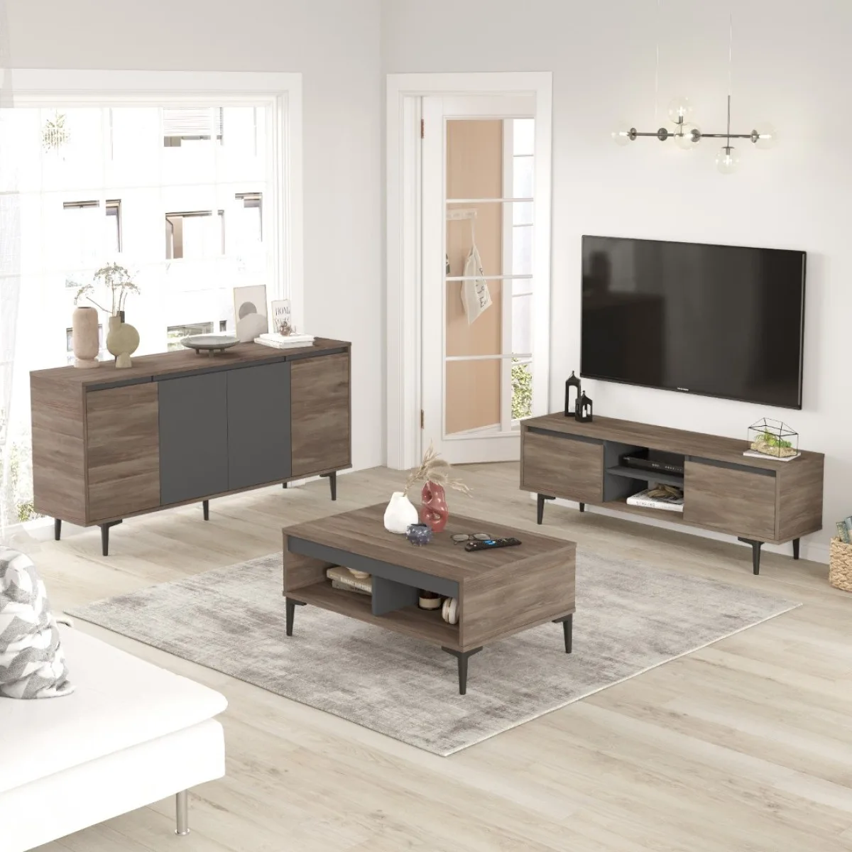 Oliver Ensemble 3 pièces Meuble TV, Table basse et Console Café-Anthracite OLI13-CA