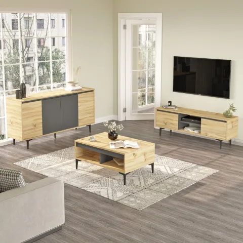 Oliver Ensemble 3 pièces Meuble TV, Table basse et Console Feutre-Anthracite OLI13-KA