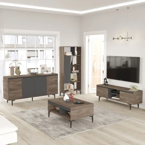 Oliver Ensemble 4 pièces Meuble TV, Table basse, Console et Bibliothèque Café-Anthracite OLI14-CA