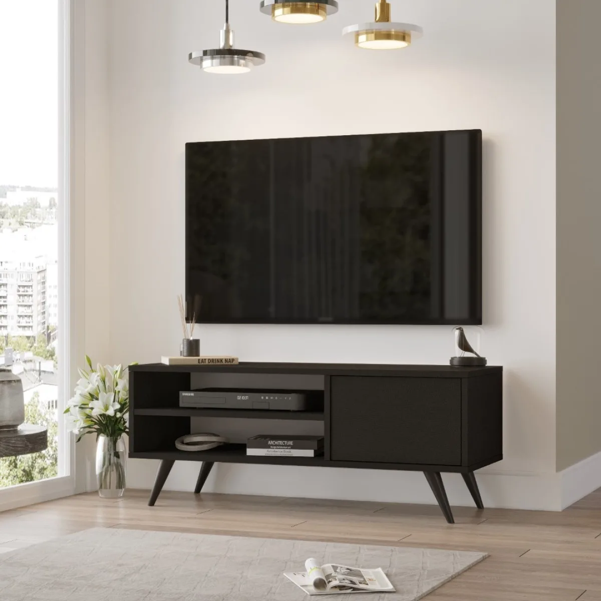 Luton Meuble TV avec pieds en bois 110cm Noir texture bois LUT1-LB