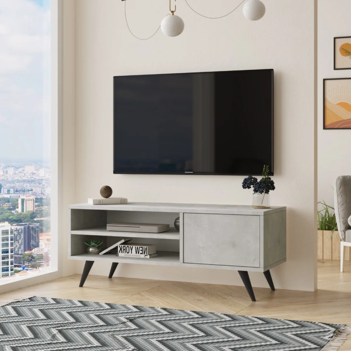 Meuble TV Luton avec pieds en bois 110cm Pierre LUT1-RT