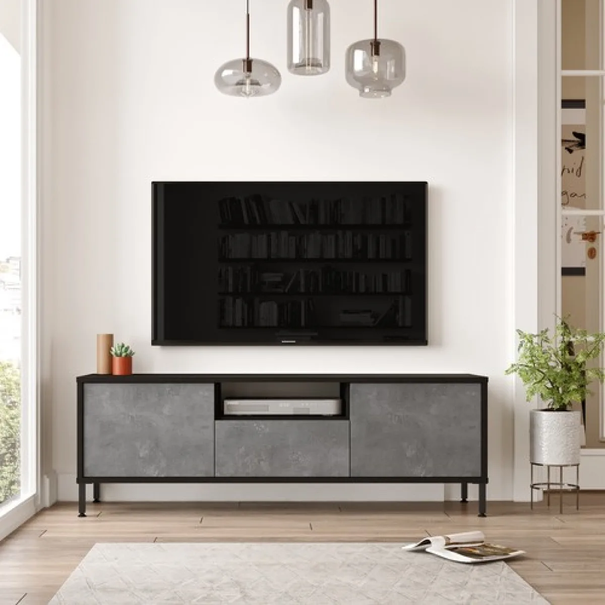 Meuble TV Arya avec pieds métalliques 140cm Béton-Noir ARY2-RL