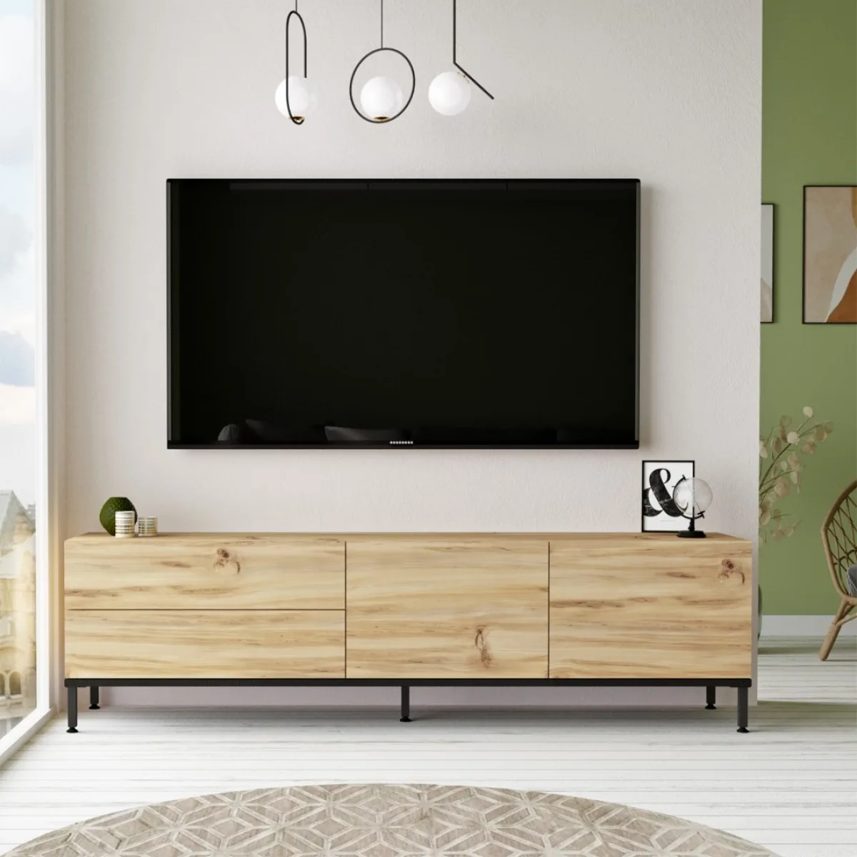 Meuble TV Arya avec pieds métalliques 170cm Feutre-Noir ARY6-KL