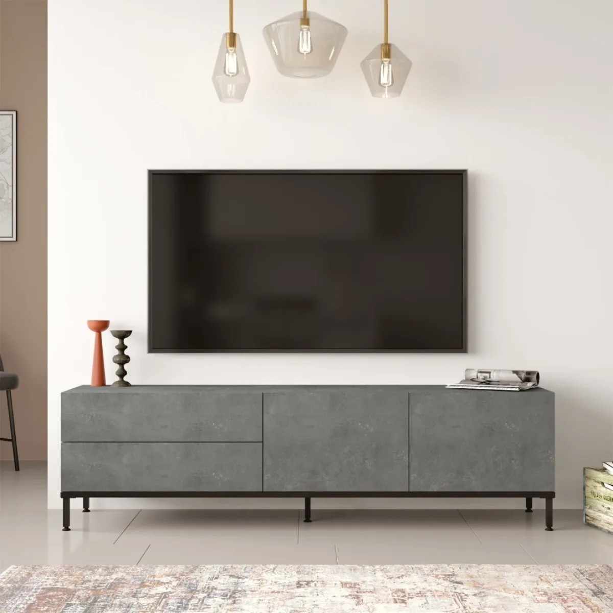 Meuble TV Arya avec pieds métalliques 170cm Béton-Noir ARY6-RL