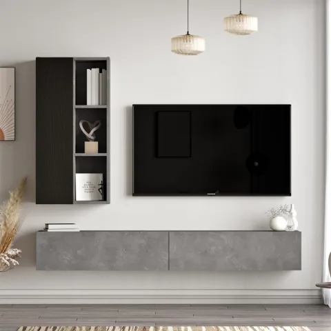 Meuble TV Bibliothèque Arya 175cm Béton-Noir ARY10-RL