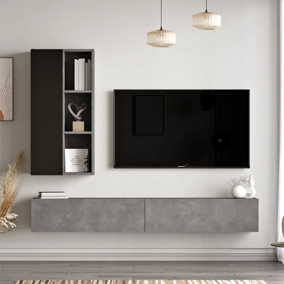 Meuble TV Bibliothèque Arya 175cm Béton-Noir ARY10-RL