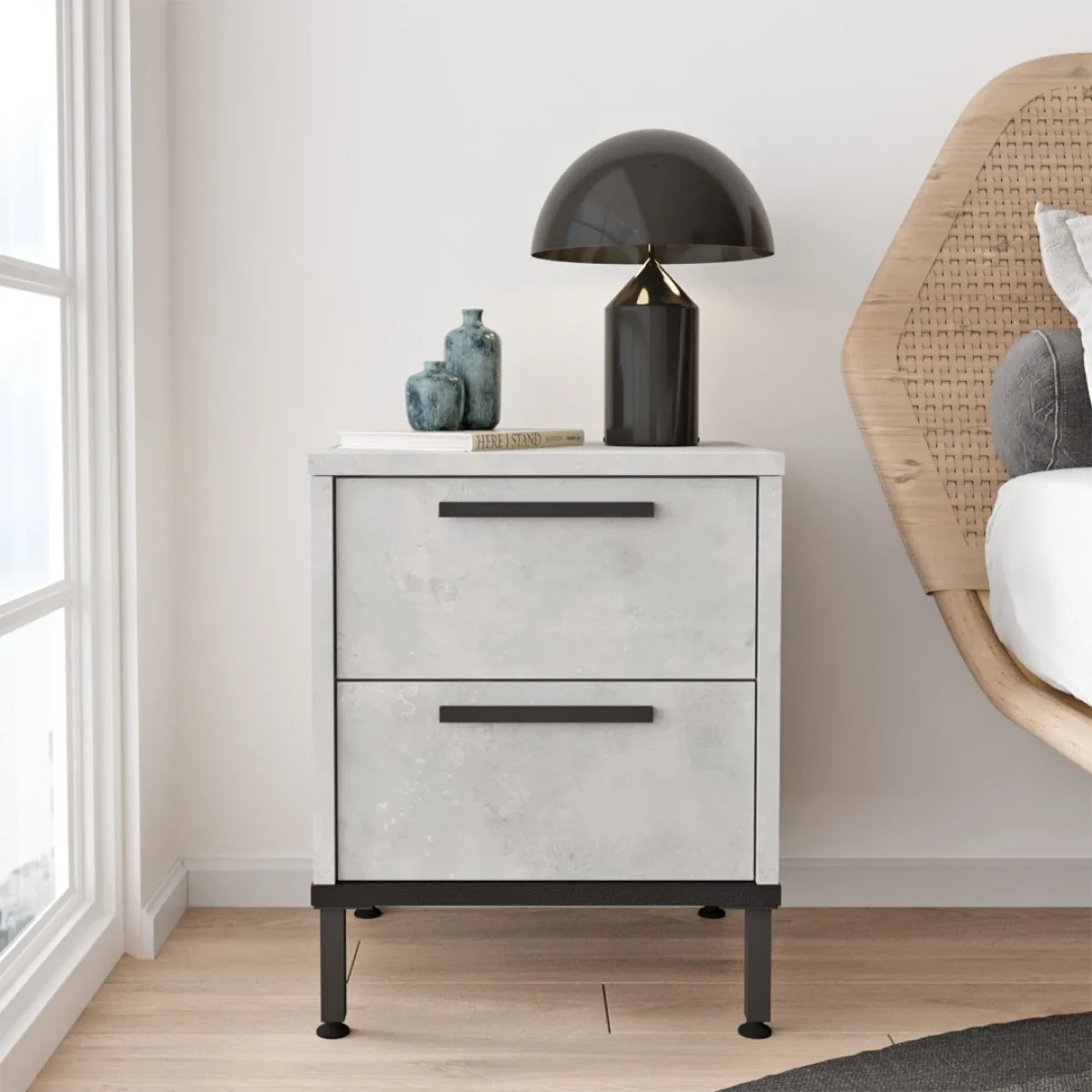 Arya Table de chevet 2 tiroirs Pieds métal Pierre-Noir ARY24-TL