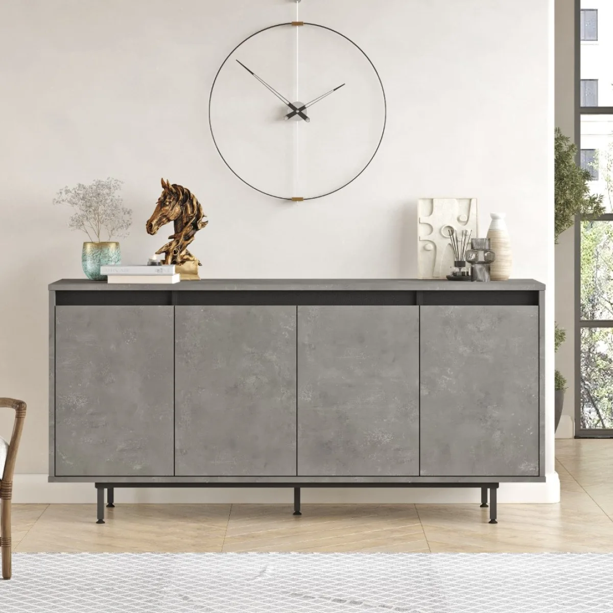 Arya Console 4 portes Pieds métal 160cm Béton-Noir ARY30-RL