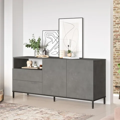 Arya Console 4 portes Pieds métal 170cm Béton-Noir ARY32-RL