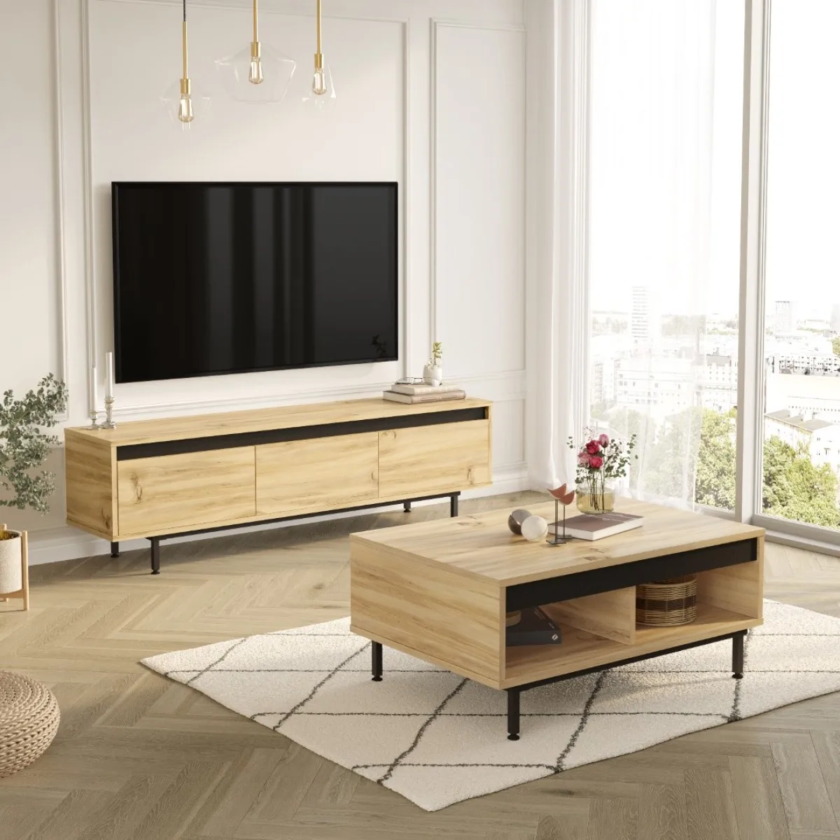 Arya Meuble TV Table basse Pieds métal Set de 2 Feutre-Noir ARY33-KL