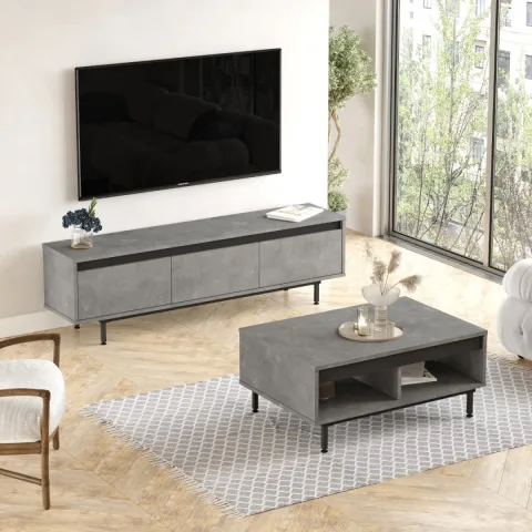 Arya Meuble TV Table basse Pieds métal Set de 2 Béton-Noir ARY33-RL