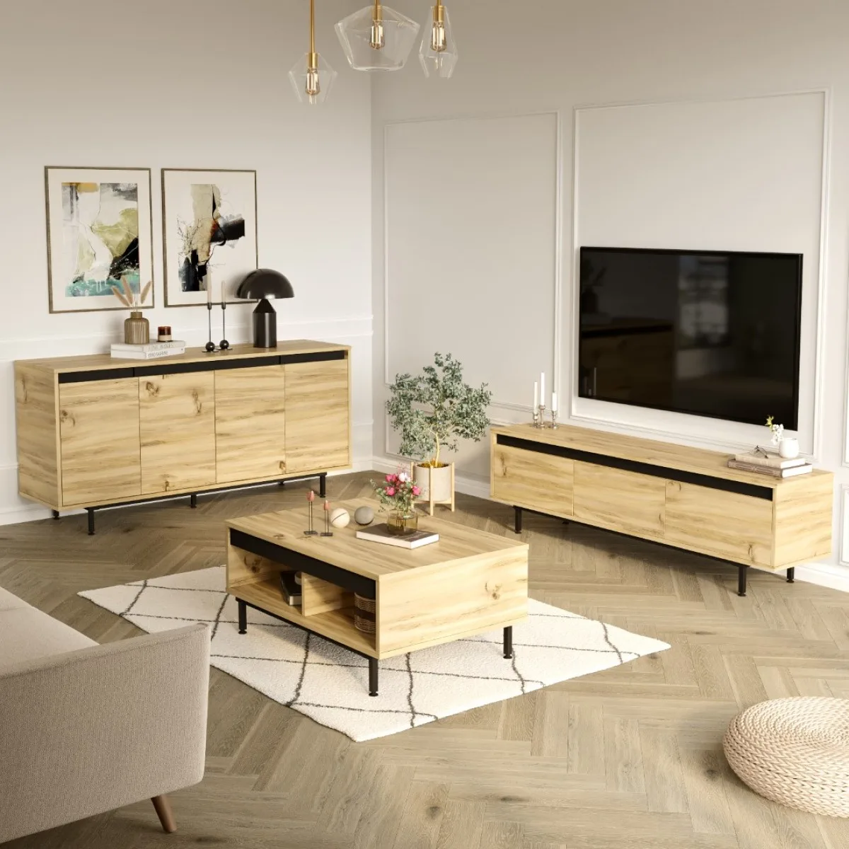 Arya Meuble TV Table basse Console Pieds métal Set de 3 Feutre-Noir ARY34-KL