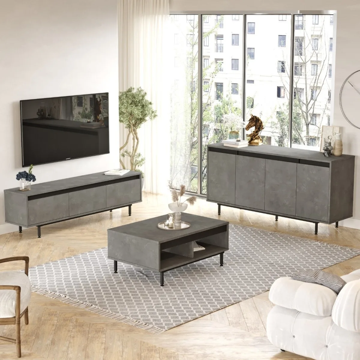 Arya Meuble TV Table basse Console Pieds métal Set de 3 Béton-Noir ARY34-RL