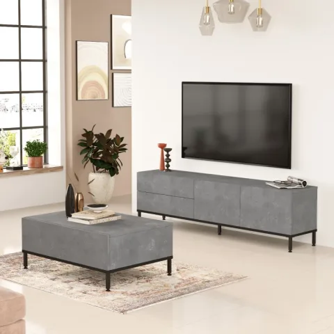 Arya Meuble TV Table basse Pieds métal Set de 2 Béton-Noir ARY35-RL