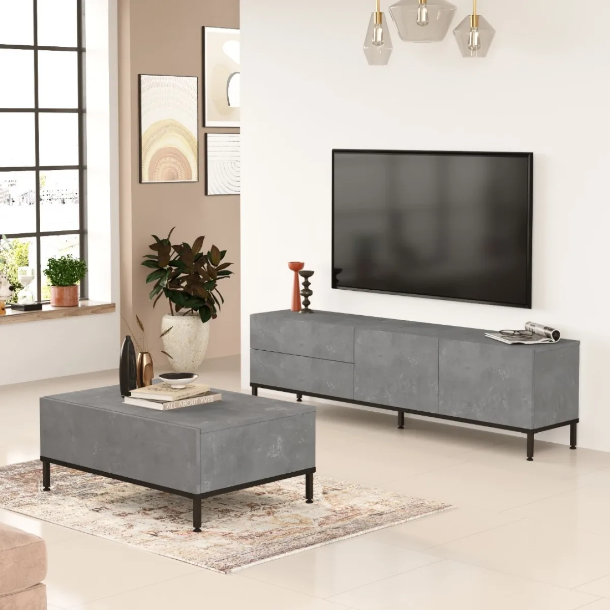 Arya Meuble TV Table basse Pieds métal Set de 2 Béton-Noir ARY35-RL