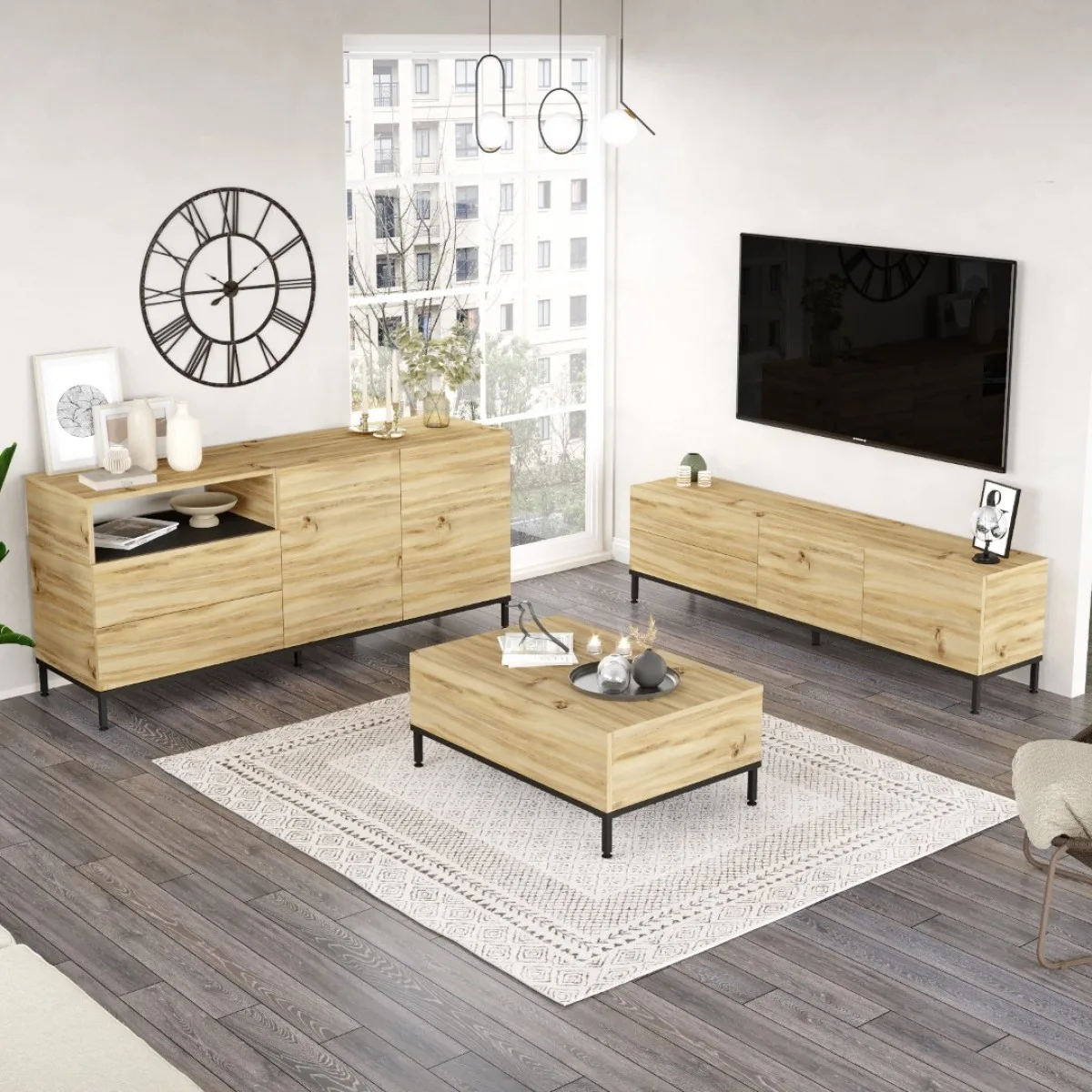 Arya Meuble TV Table basse Console Pieds métal Set de 3 Feutre-Noir ARY36-KL