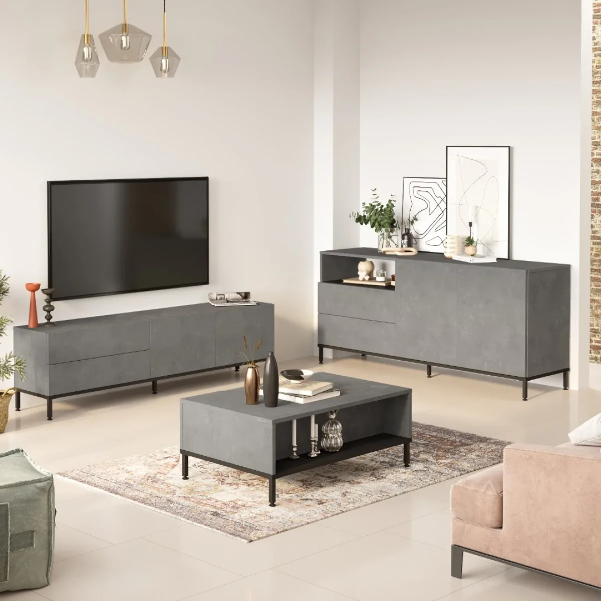 Arya Meuble TV Table basse Console Pieds métal Set de 3 Béton-Noir ARY36-RL