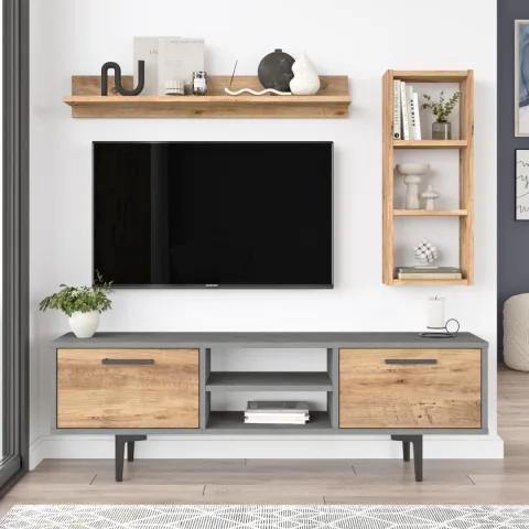 Leeds Meuble TV Meuble TV Bibliothèque Étagère 2 portes 138cm Pin-Béton LEE2-AG