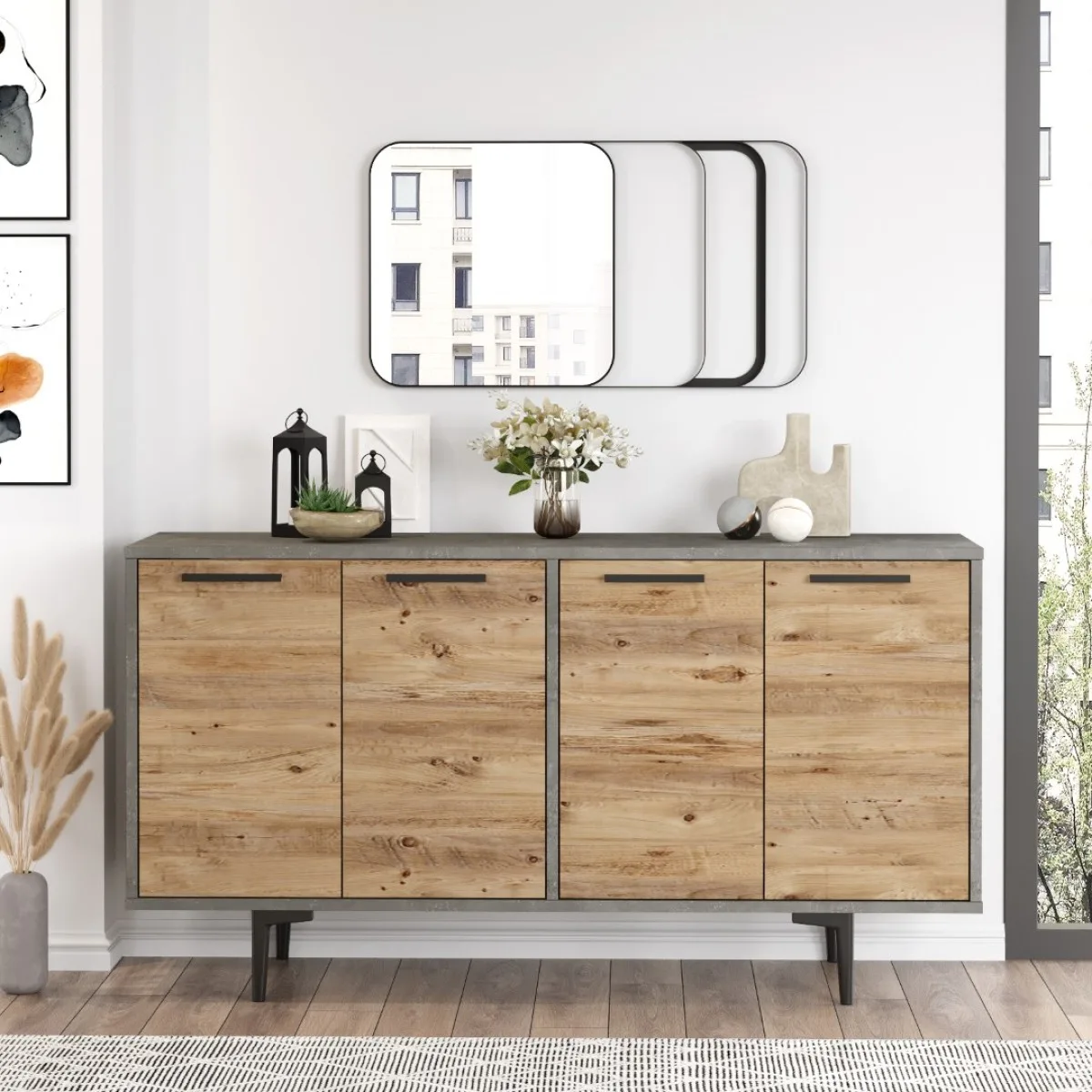 Leeds Console 4 portes 138cm Pin-Béton LEE4-AG