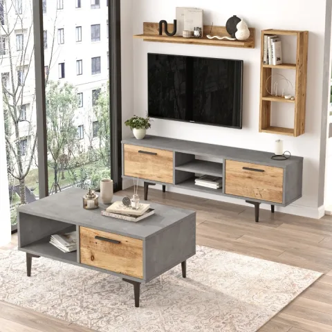 Leeds Meuble TV avec étagères Table basse Pin-Béton LEE5-GA