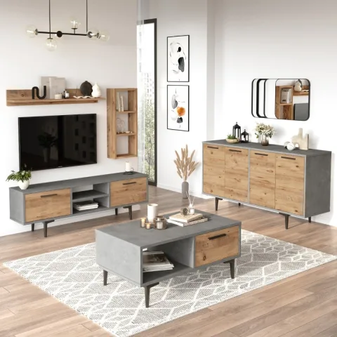 Leeds Meuble TV avec étagères Table basse Console Pin-Béton LEE6-GA