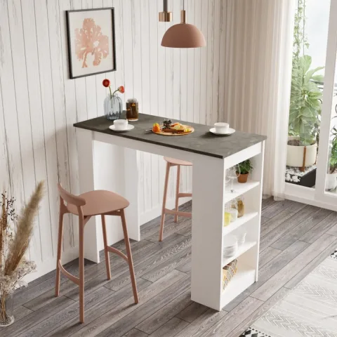 Harwick Table de bar 120cm Table de cuisine Salle à manger Béton-Blanc HAR1-GW