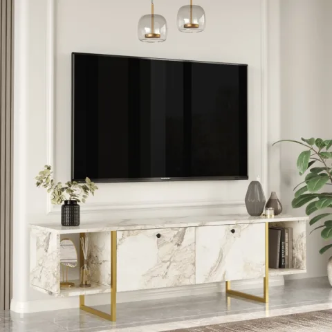 Atlantis Gold Meuble TV Métal avec portes 160cm Motif Marbre ATL30-GE
