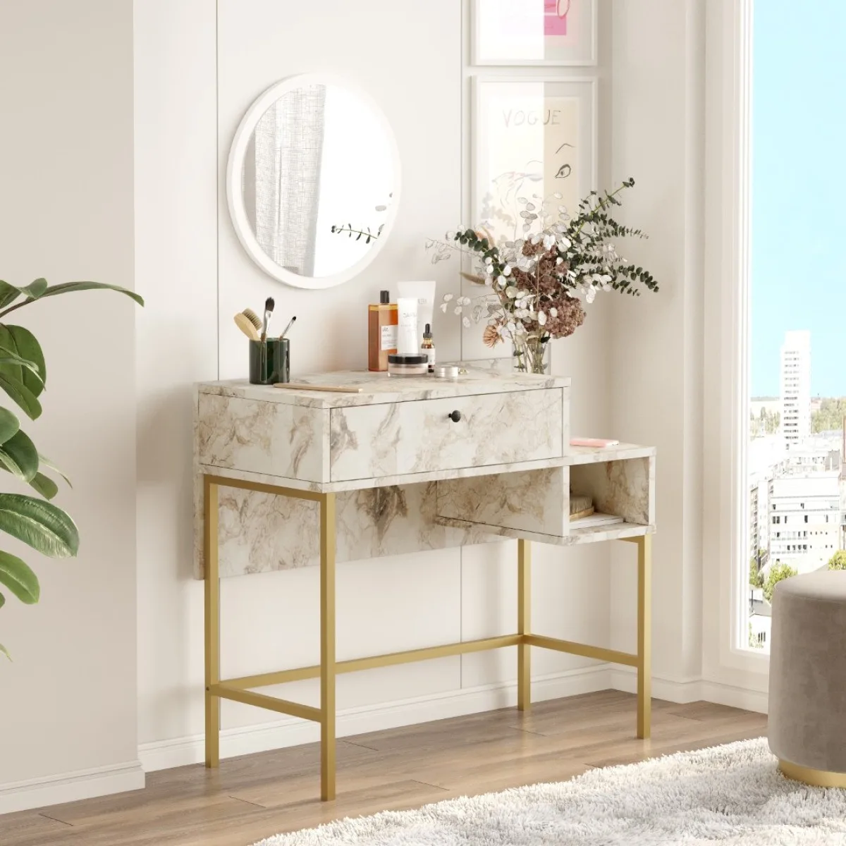 Atlantis Gold Coiffeuse Métal avec miroir et portes Motif Marbre ATL31-GE