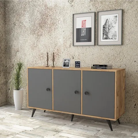 Farlin Console Pieds Bois, 3 Portes, Pin-Anthracite-Noir FAR12-222