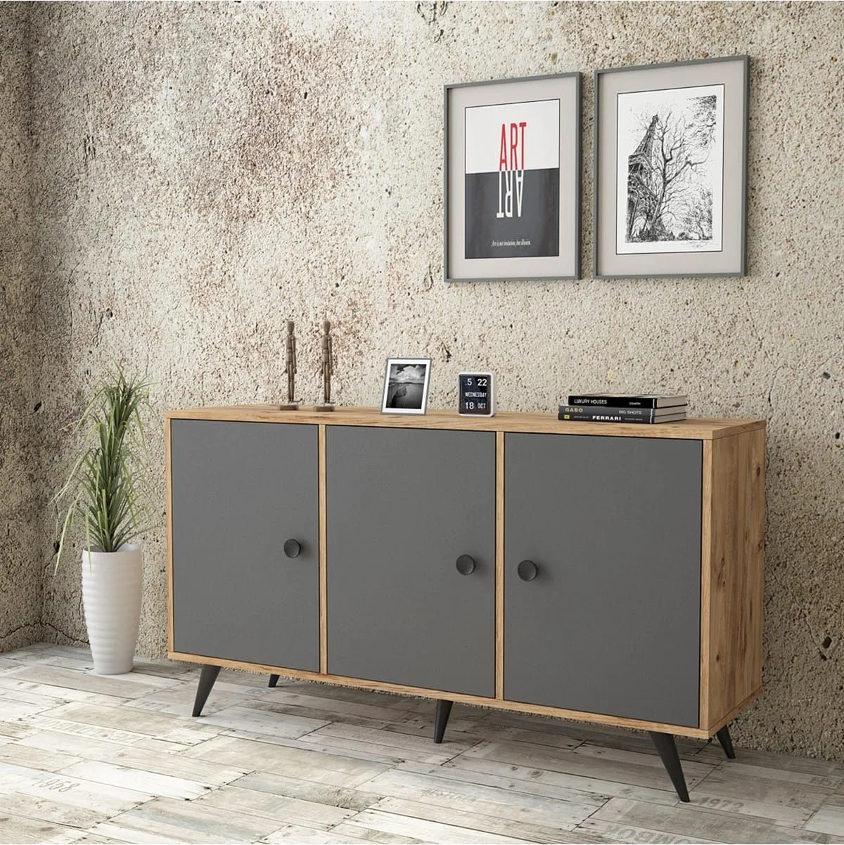Farlin Console Pieds Bois, 3 Portes, Pin-Anthracite-Noir FAR12-222