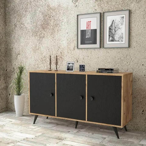 Farlin Console Pieds Bois, 3 Portes, Pin-Noir FAR12-232