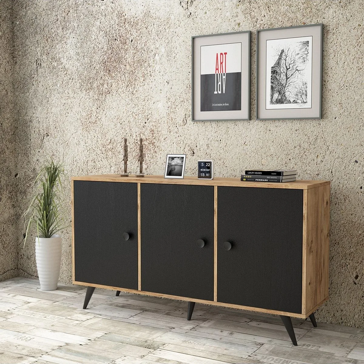 Farlin Console Pieds Bois, 3 Portes, Pin-Noir FAR12-232
