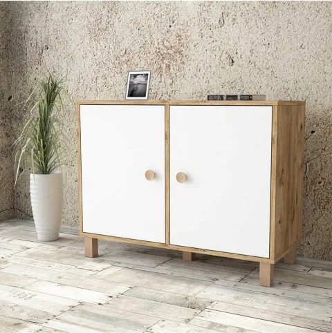 Farlin Armoire multi-usages Pieds Bois, 2 Portes, Pin-Blanc-Hêtre FAR35-217