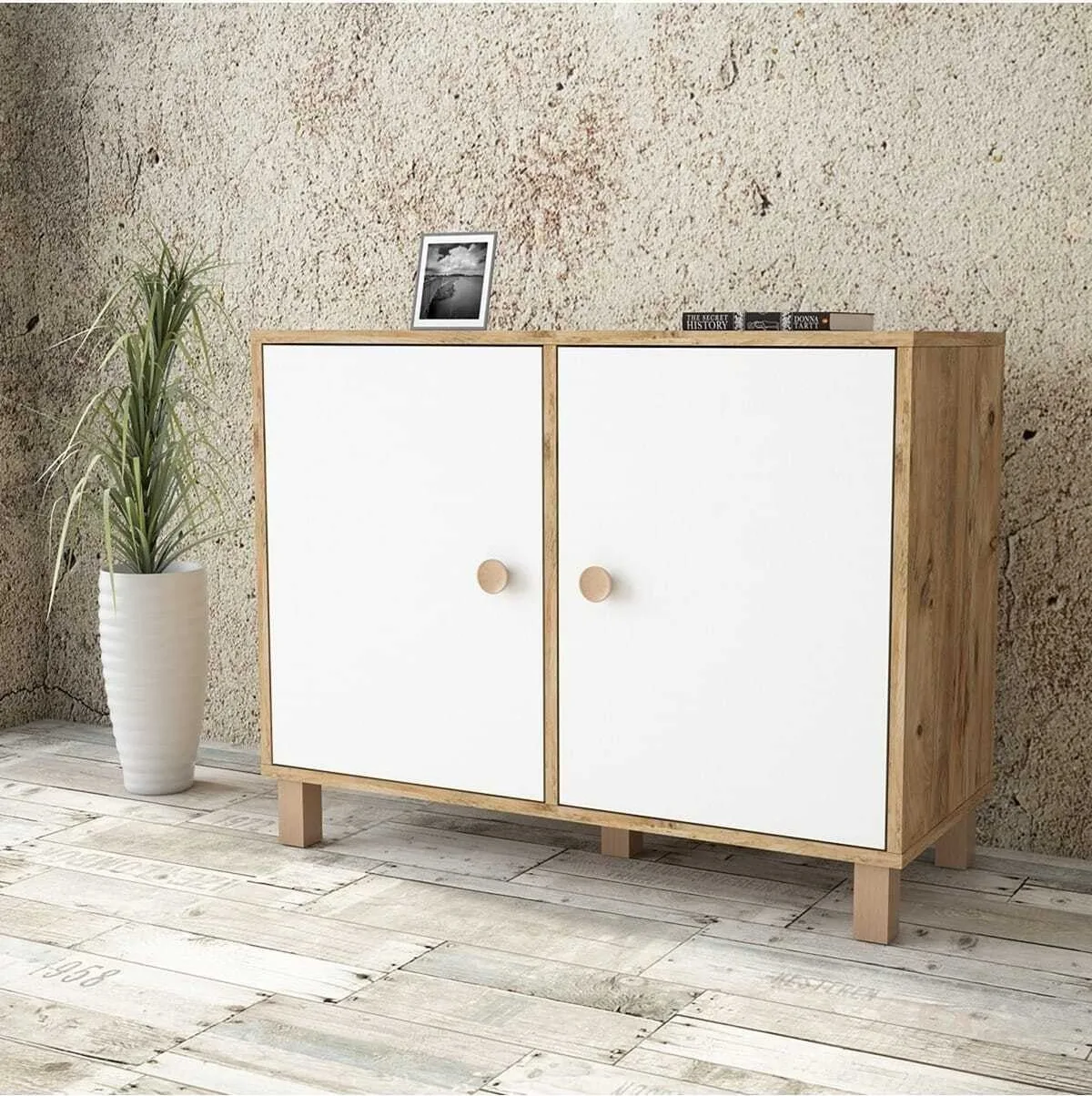 Farlin Armoire multi-usages Pieds Bois, 2 Portes, Pin-Blanc-Hêtre FAR35-217