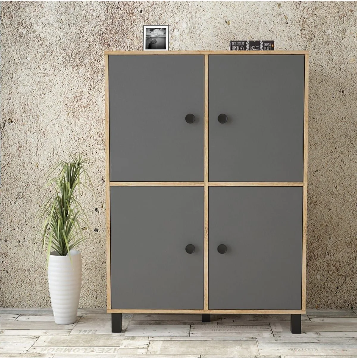 Farlin Armoire multi-usages Pieds Bois, 4 Portes, Pin-Anthracite-Noir FAR45-228