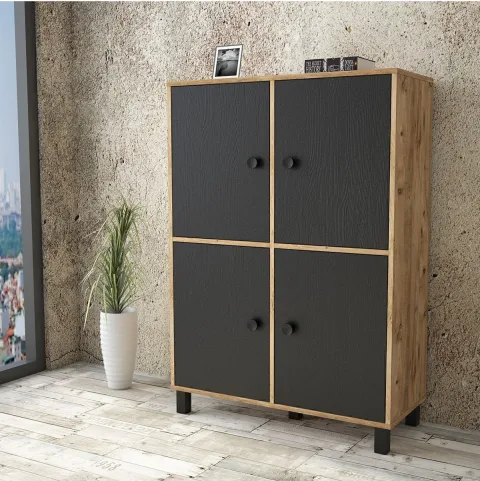 Farlin Armoire multi-usages Pieds Bois, 4 Portes, Pin-Noir FAR45-238