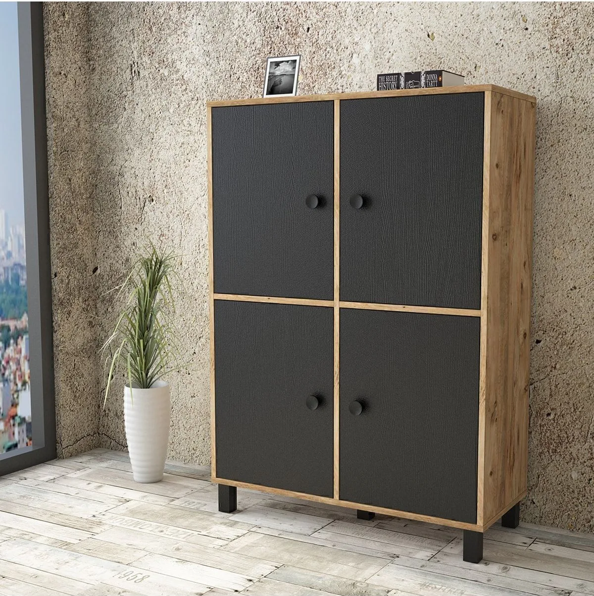 Farlin Armoire multi-usages Pieds Bois, 4 Portes, Pin-Noir FAR45-238