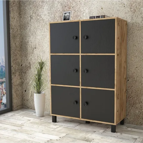 Farlin Armoire multi-usages Pieds Bois, 6 Portes, Pin-Noir FAR48-238