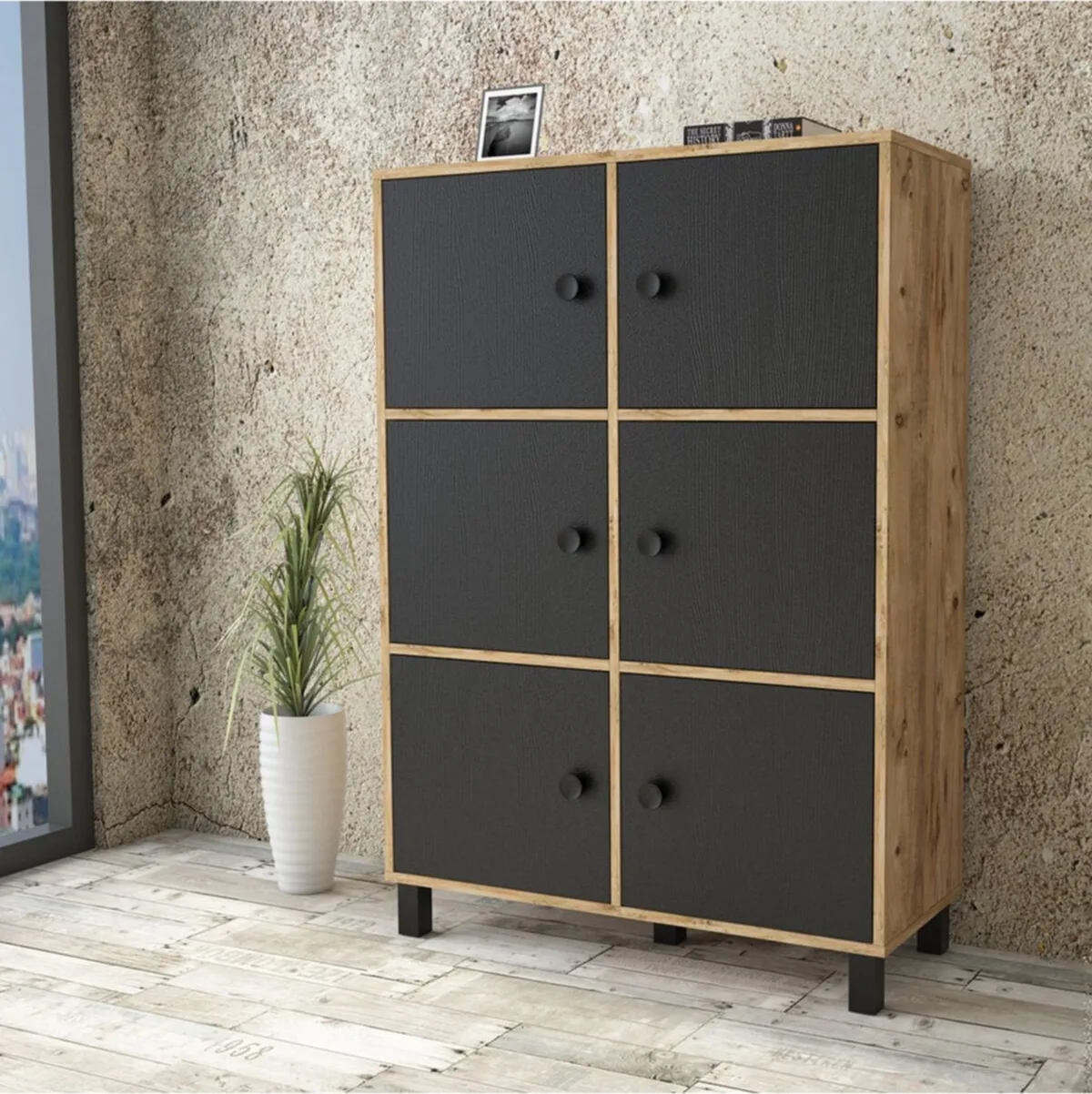 Farlin Armoire multi-usages Pieds Bois, 6 Portes, Pin-Noir FAR48-238