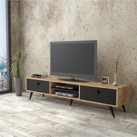 Farlin Meuble TV Pieds Bois, 2 Tiroirs, Pin-Noir FAR5-232