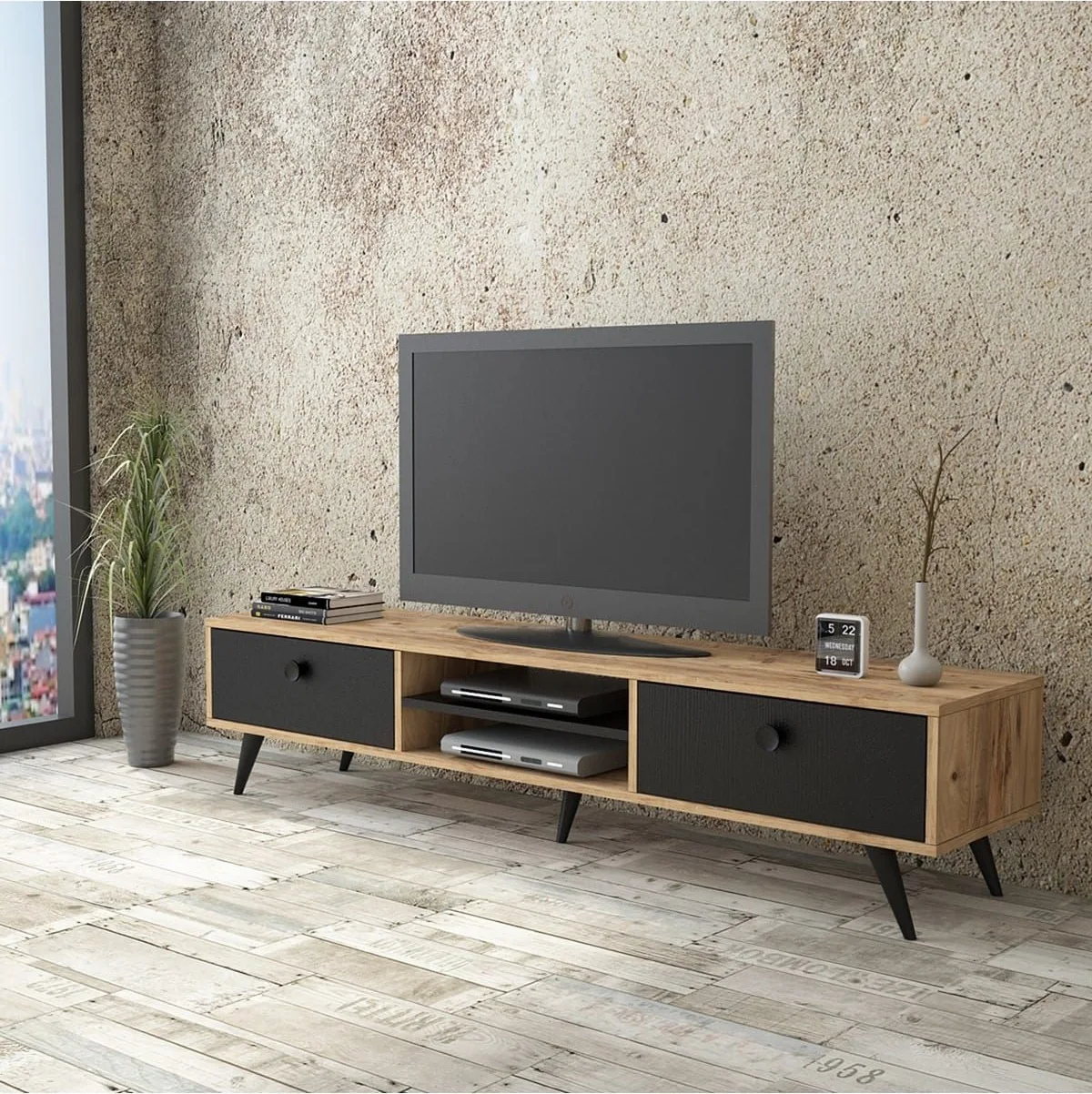Farlin Meuble TV Pieds Bois, 2 Tiroirs, Pin-Noir FAR5-232