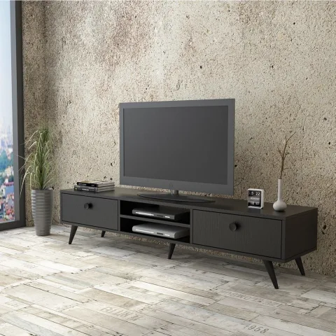Farlin Meuble TV Pieds Bois, 2 Tiroirs, Noir FAR5-332
