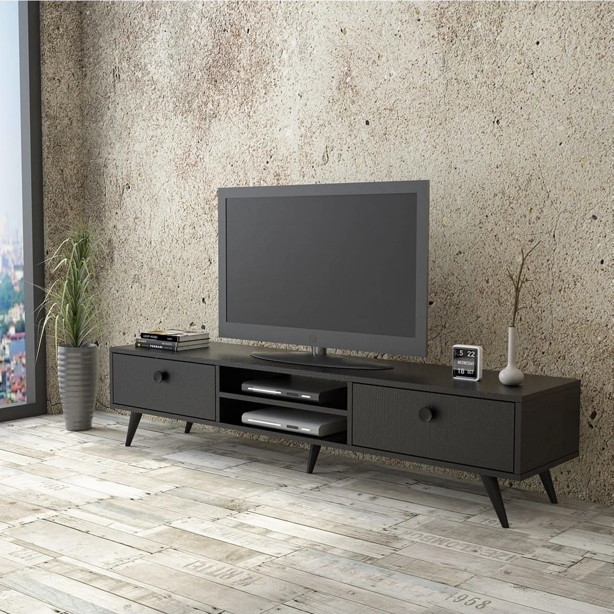 Farlin Meuble TV Pieds Bois, 2 Tiroirs, Noir FAR5-332